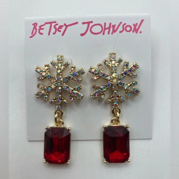 Betsey Johnson Jewelry - BETSEY JOHNSON Christmas Holiday Snowflake Red Crystal Gold-Tone Earrings NWT